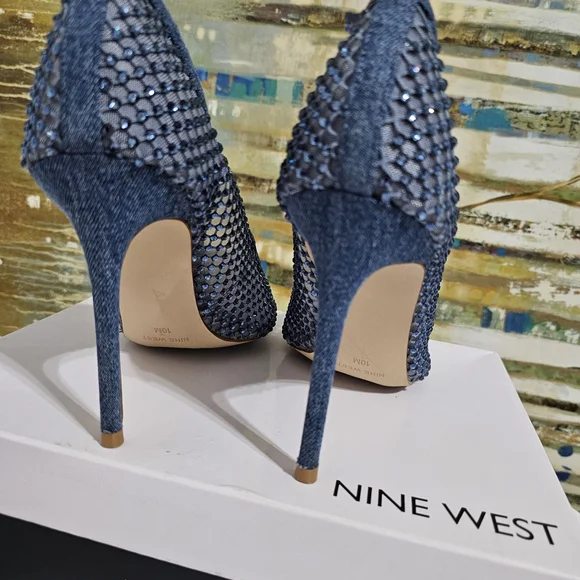 Nine West Freshe Denim Rhinestone Mesh Stiletto Pumps New Size 10 - Picture 12 of 16